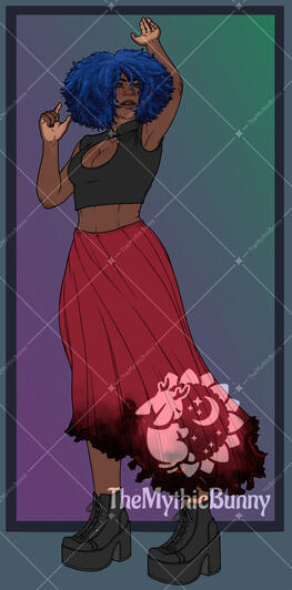 Alt Vers. A dark, brown skinned woman with blue, coiled curly hair stands with her hands raised as if to begin casting magic. Her eyes are solid black with no pupils, and she wears a black crop top and a red flowing skirt, finished with black high heel com
