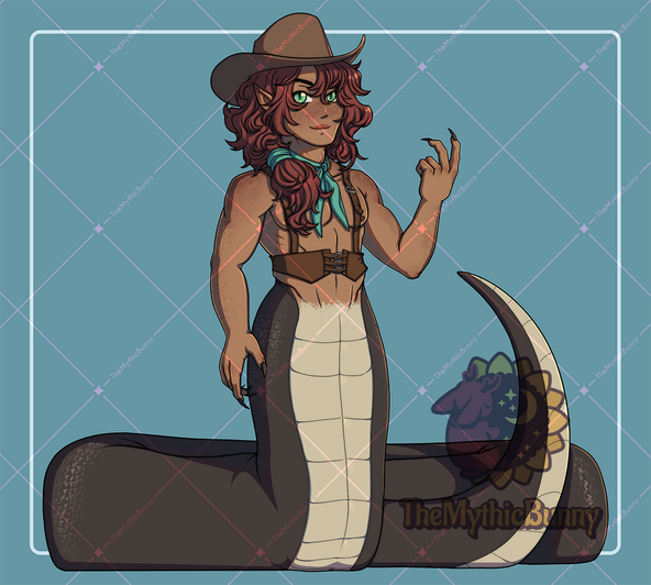 A tan skinned snake with a cowboy hat and lots of curly red hair, freckles and green eyes.