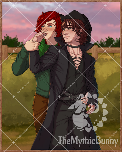 Two men embrace each other as the sun sets in a western setting, an empty field before a fence.