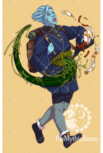 A man with a mouth possessing his stomach attempts to make breakfast but loses balance as the mouth attempts to eat all the spilling breakfast food.