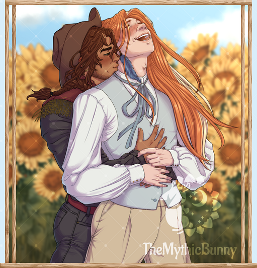 Two individuals embrace in a field of sunflowers in the afternoon. The taller individual, nonbinary, is red headed with a feather in their hair, wearing a light periwinkle vest and white dress shirt beneath. They also wear a matching blue ribbon tied aroun