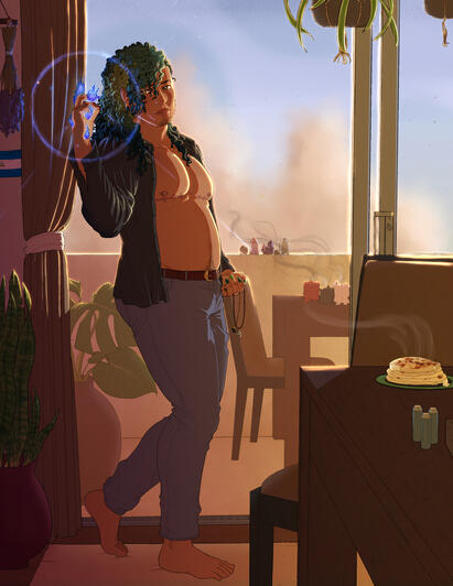 A trans man with his shirt open showing off his top surgery scars, casting magic with blue fire, as he stands in front of a balcony with the sun setting.