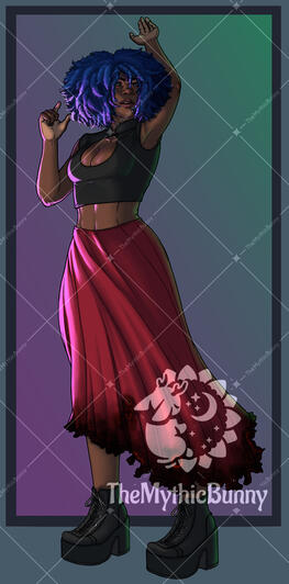 A dark, brown skinned woman with blue, coiled curly hair stands with her hands raised as if to begin casting magic. Her eyes are solid black with no pupils, and she wears a black crop top and a red flowing skirt, finished with black high heel combat boots.