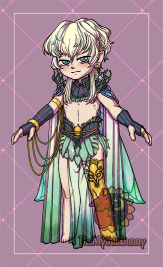 A fairy character with green silks, pale skin and blond green hair.