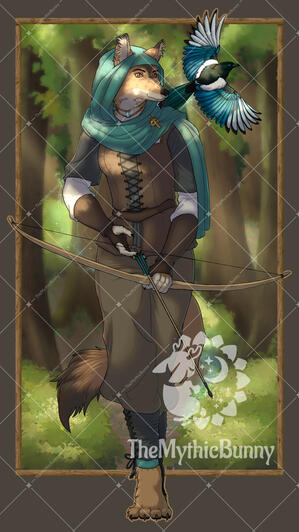 A coyote anthromorphic woman walks through the forest, poised with an arrow and bow low, and at the ready. She wears a long teal scarf that wraps around her head and allows room for her ears, with a golden mask and sword pin. She wears also leather bracers