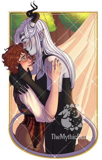 Two feminine individuals embracing by an open window with a breeze catching the curtains. The shorter woman, a smiling red head with freckled skin and gold circular glasses, receives a forehead kiss from her partner. Her partner is a taller woman with grey