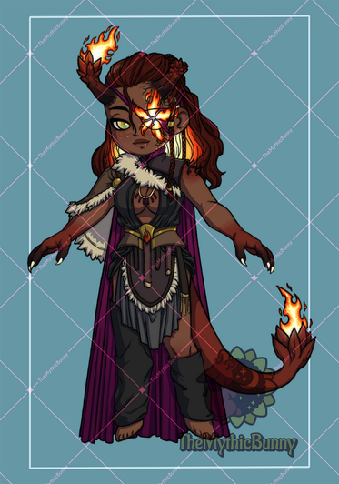 A tiefling character with brown skin, red hair with fire on the underside, with red accents and red tail.