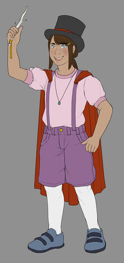 An olive skinned female child wearing a top hat and red cape, purple overalls and pink shirt. She holds a white tree twig with yellow ribbon wrapped around the base.