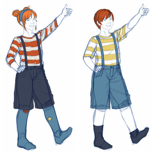 A sketch of two characters, both children, with red hair and striped shirts wearing matching overalls.
