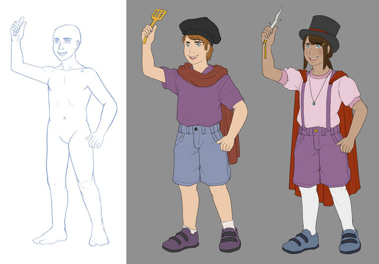 Three drawings of children, one as a template, the second and third being a boy and a girl with different items in their hair, playing dress up.