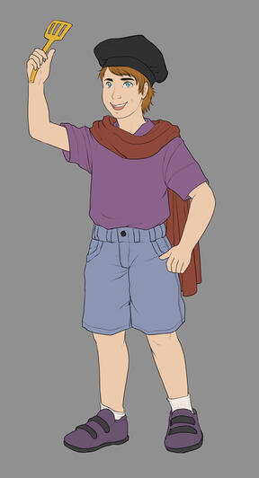 A white male child wearing a black chef's hat with his arm raised and holding a spatula. He wears a red scarf, a purple shirt, and blue jean shorts.